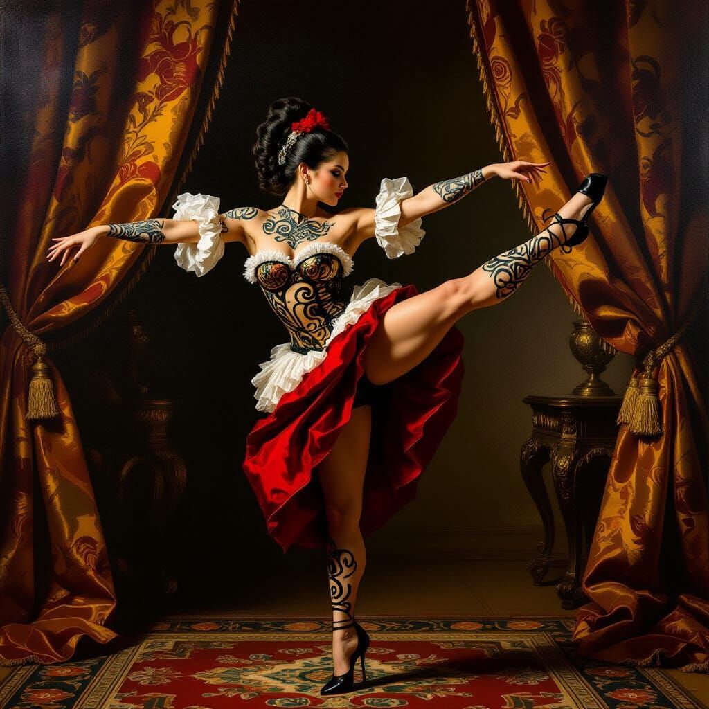 Baroque Oil Painting of Tattooed Woman High Kicking