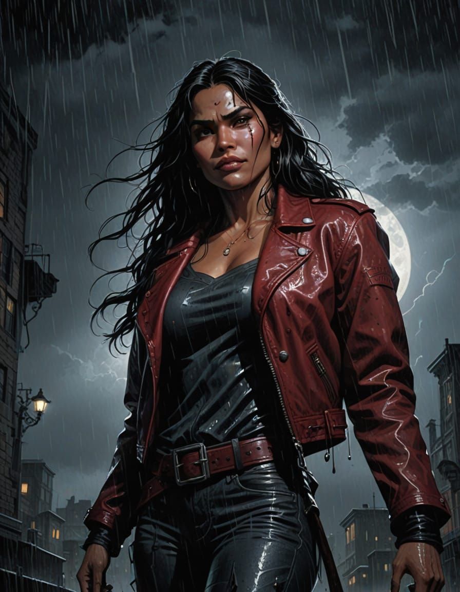 Indigenous Woman in Crimson Leather Jacket, Surrounded by Ga...