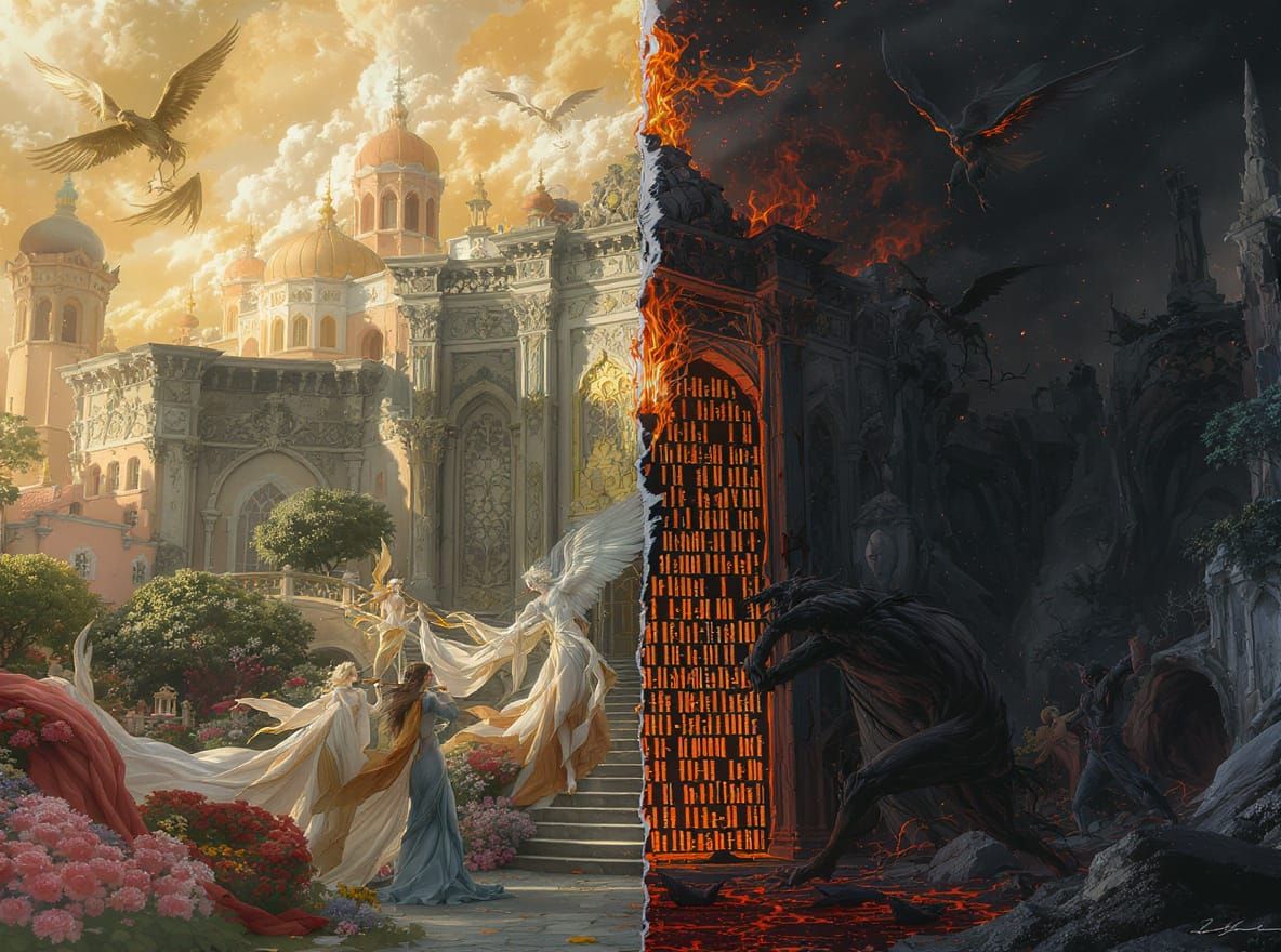 Surreal Divided City with Baroque and Apocalyptic Themes