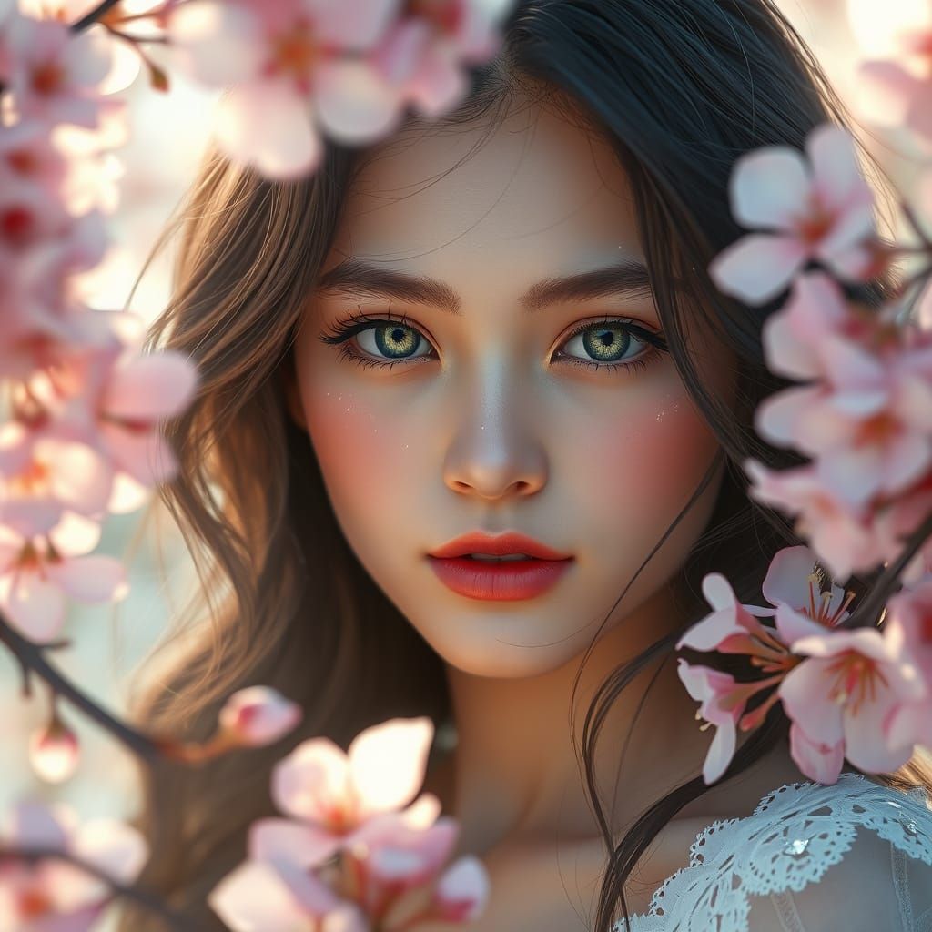 Dreamy Portrait of a Young Woman with Cherry Blossoms
