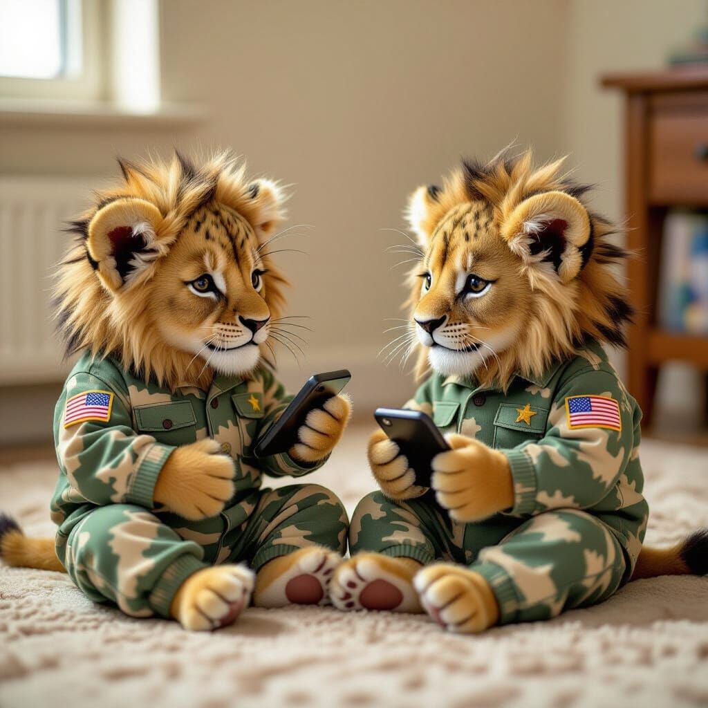 Lion Cubs in Military Pajamas with Toy iPhone