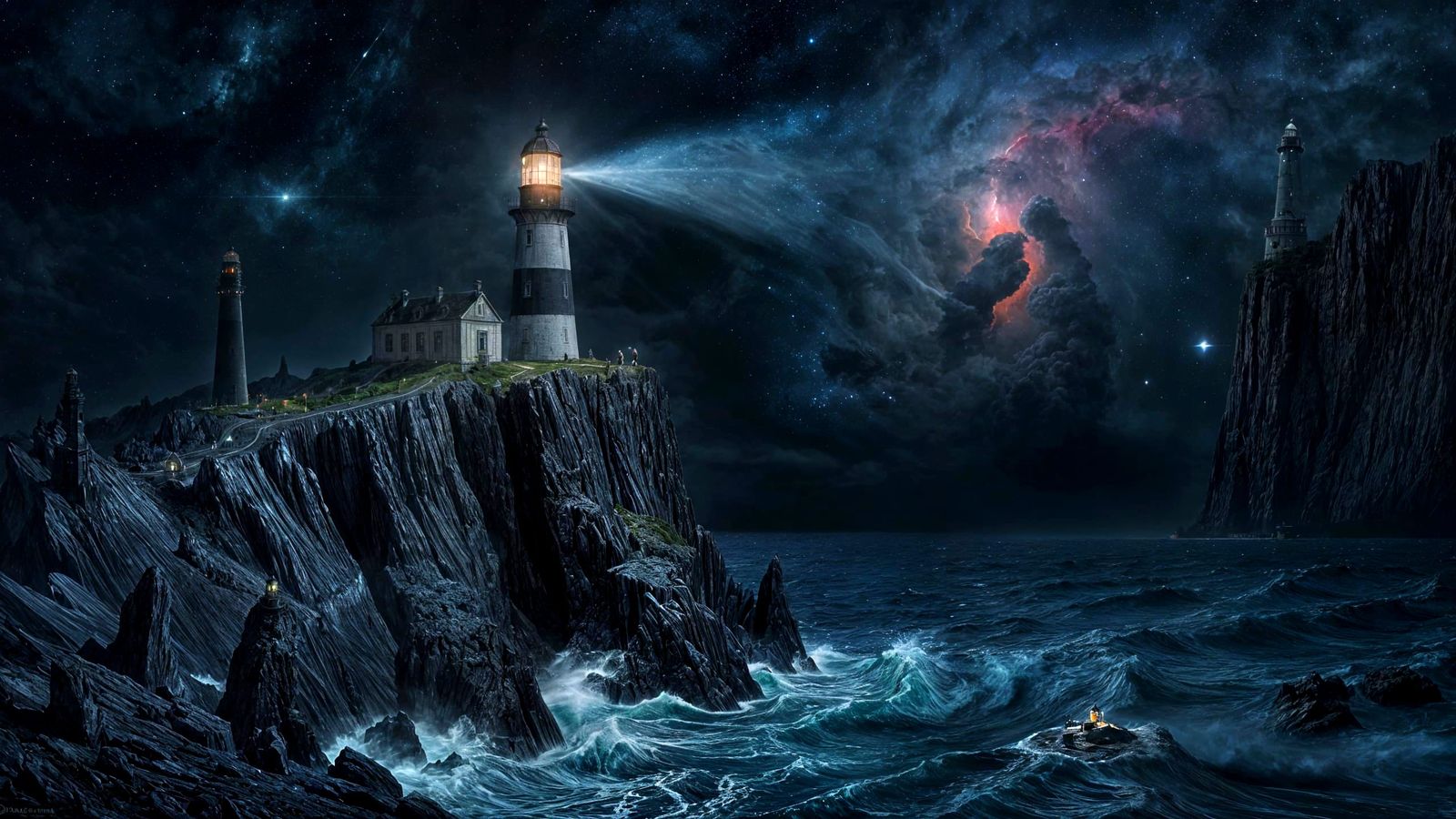 Gothic Lighthouse on Obsidian Cliff Amidst Cosmic Storm