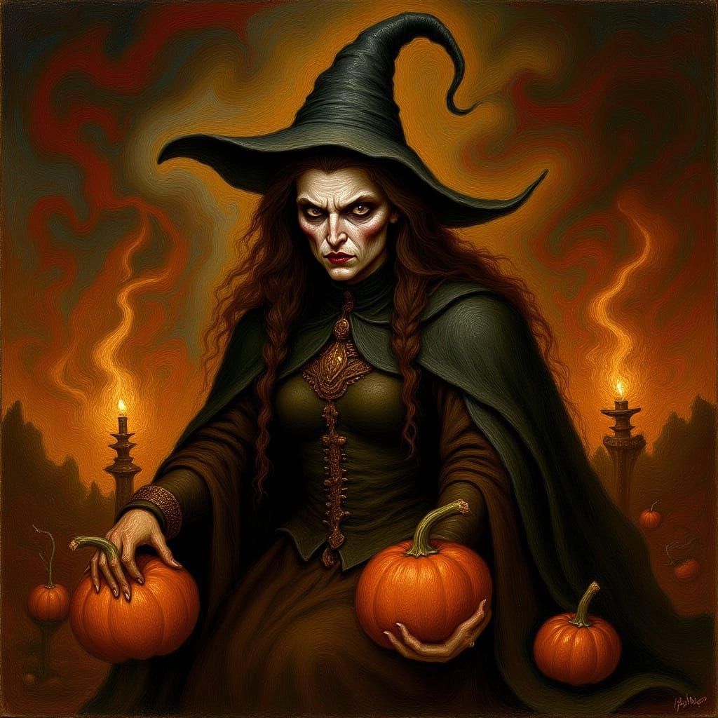 Maximalist Autumn Witch in Epic Impressionist Gouache