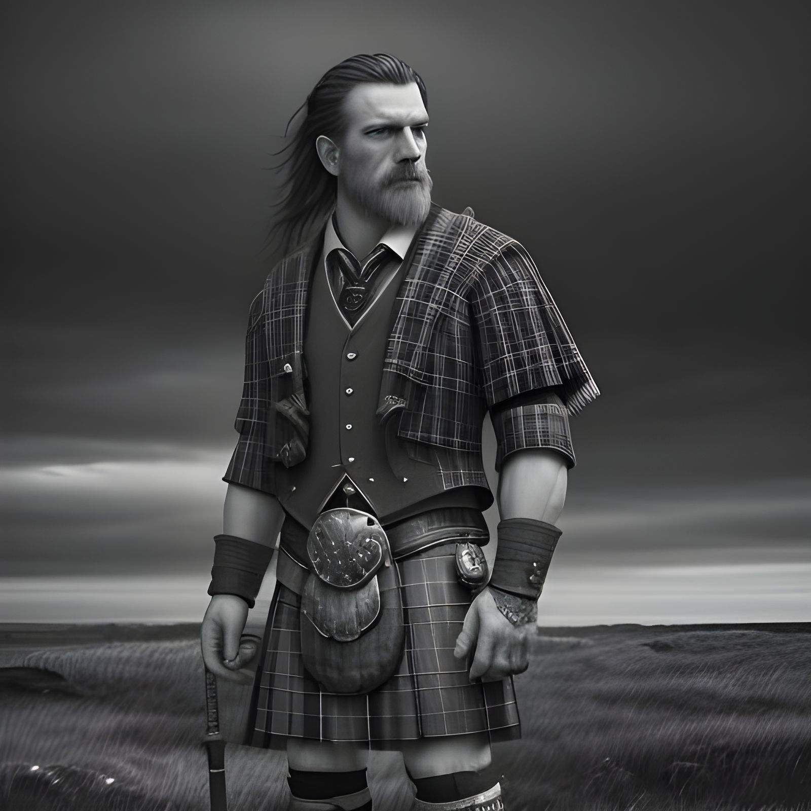 Scottish Man in Kilt: Hyperrealistic Black and White Portrai...