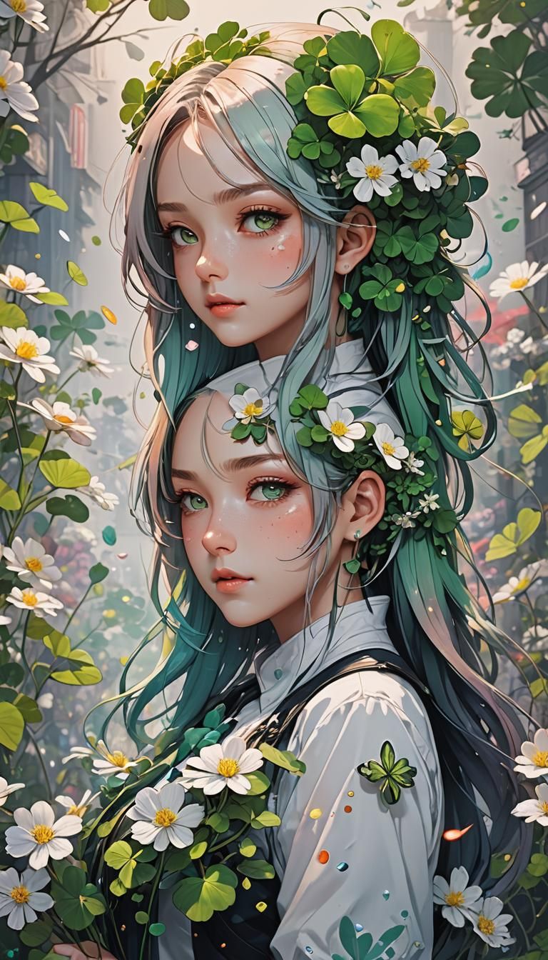 Detailed Ink Drawings of Shamrock Flowers and Girl