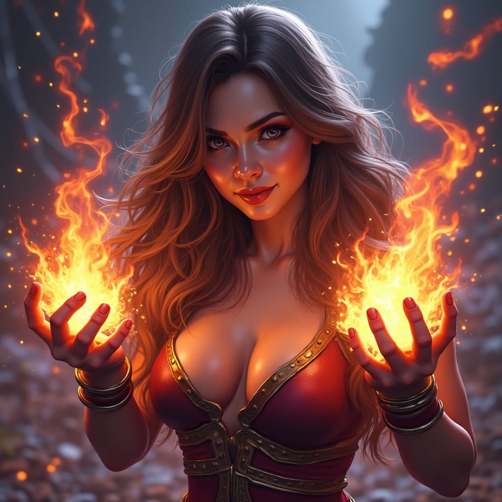 Brunette Woman with Magical Fists: Hyperrealistic Portrait