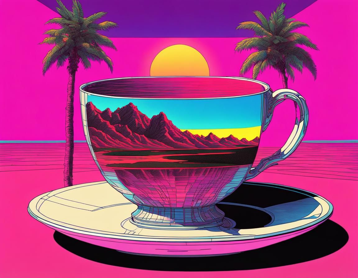 Vaporwave Teacup in Neon 1980s Style