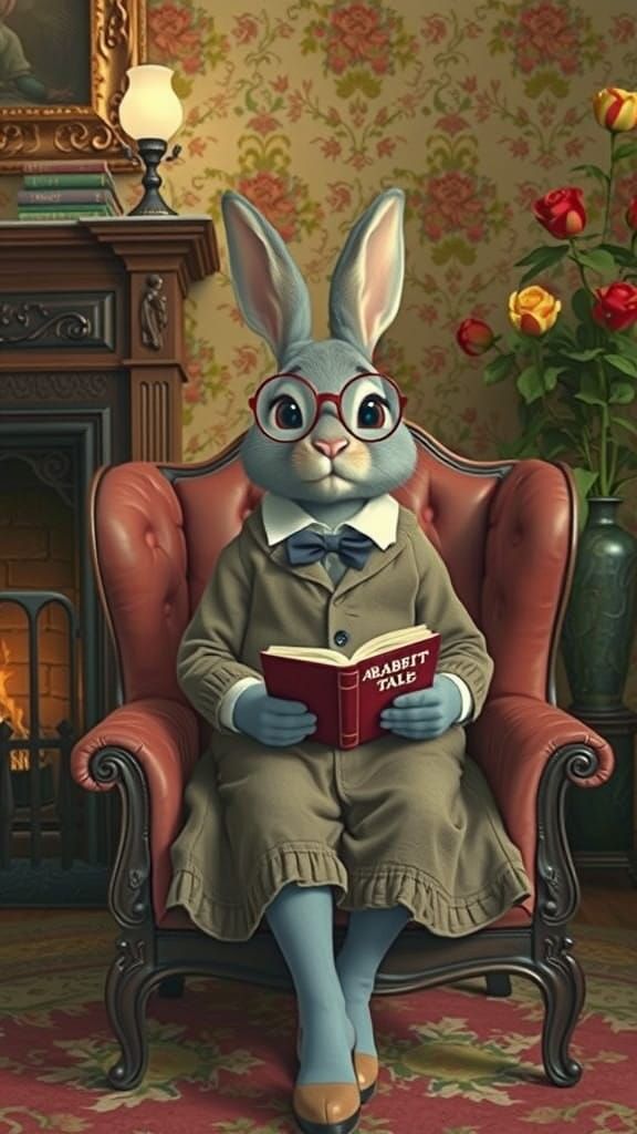Vintage-Style Bunny Reading in a Cozy Armchair