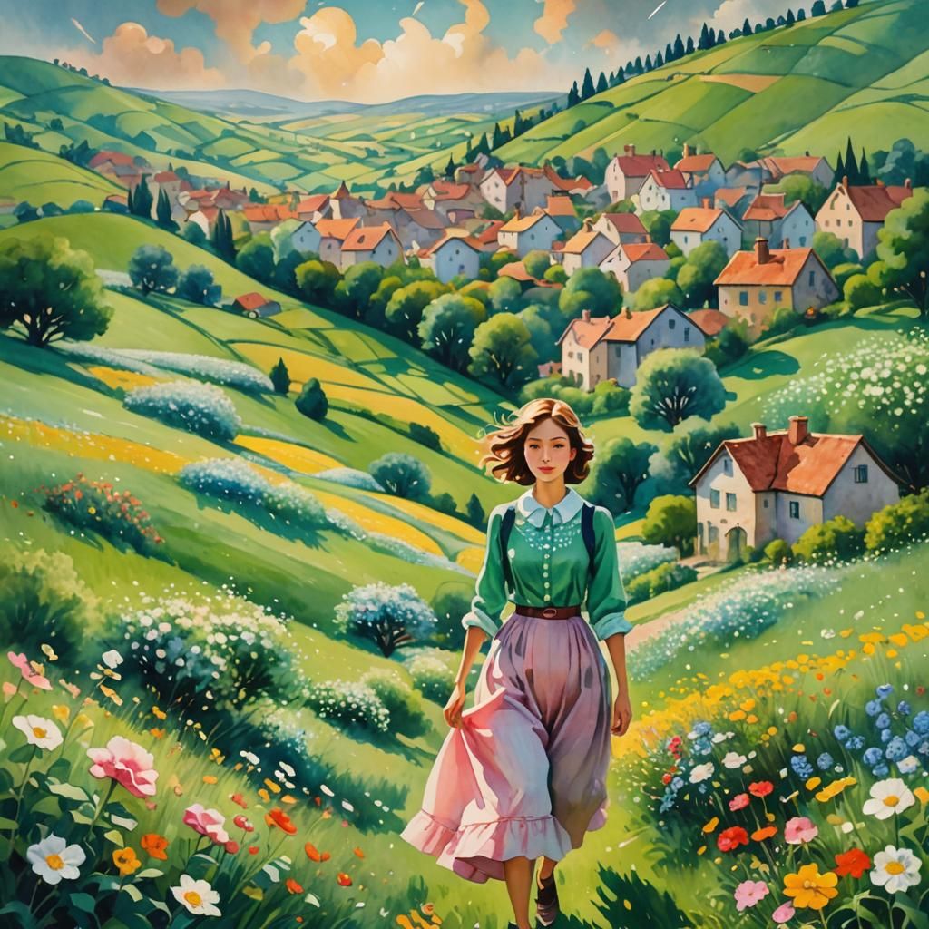 Surreal Woman in Dreamy Landscape, Watercolor Style