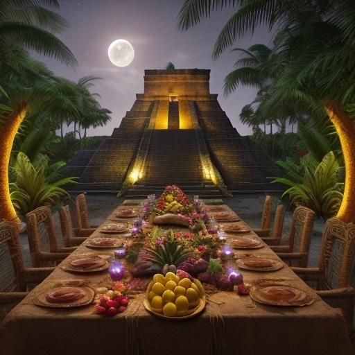 Mayan Temple at Night with Gold and Fruit