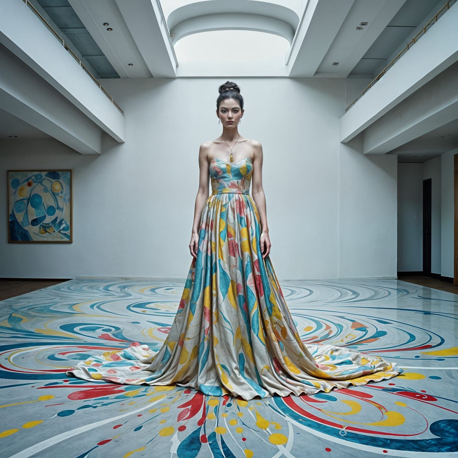Woman in a Vibrant, Paint-Splattered Haute Couture Gown in a...