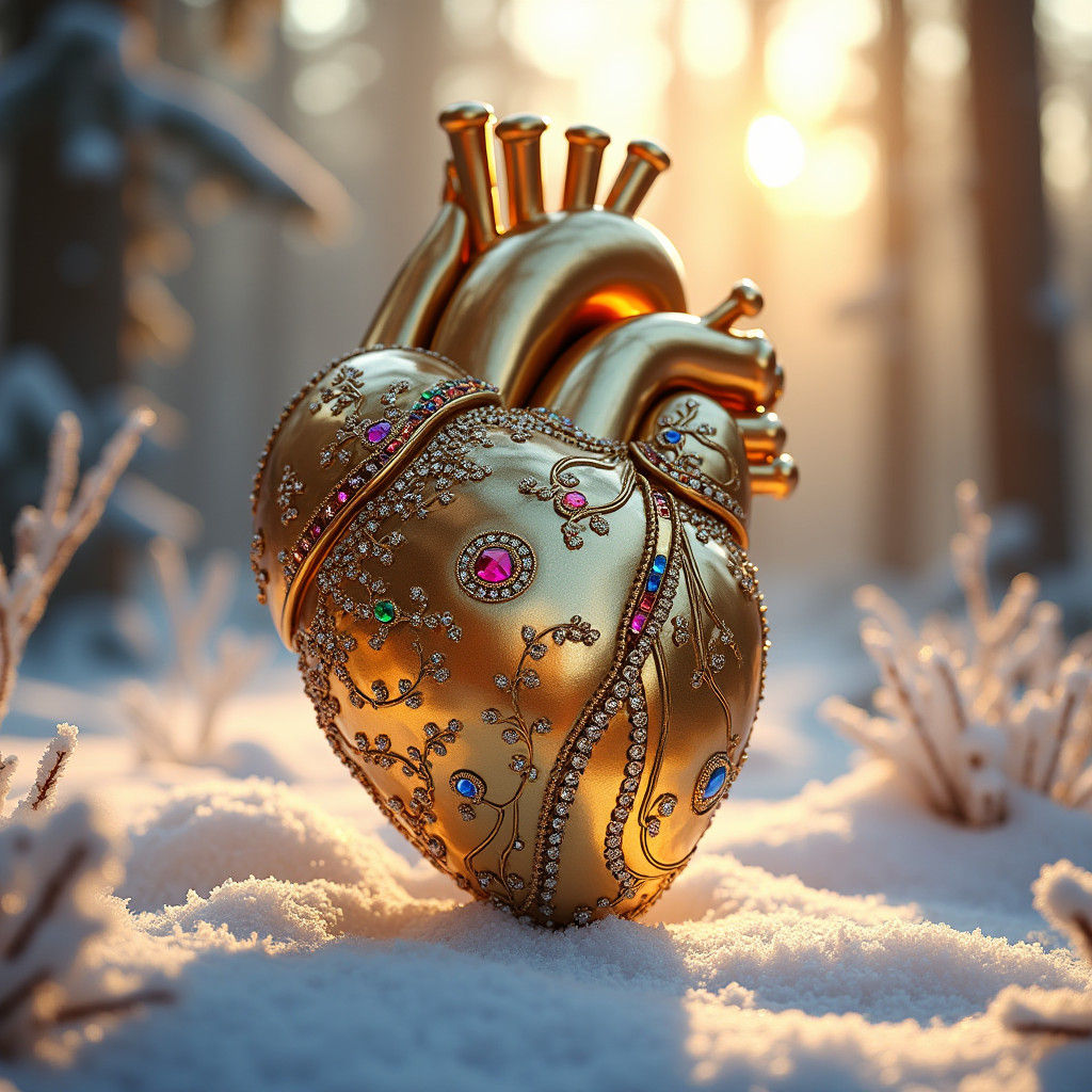 Luxury Gold Heart in Winter Forest, Art Deco Style