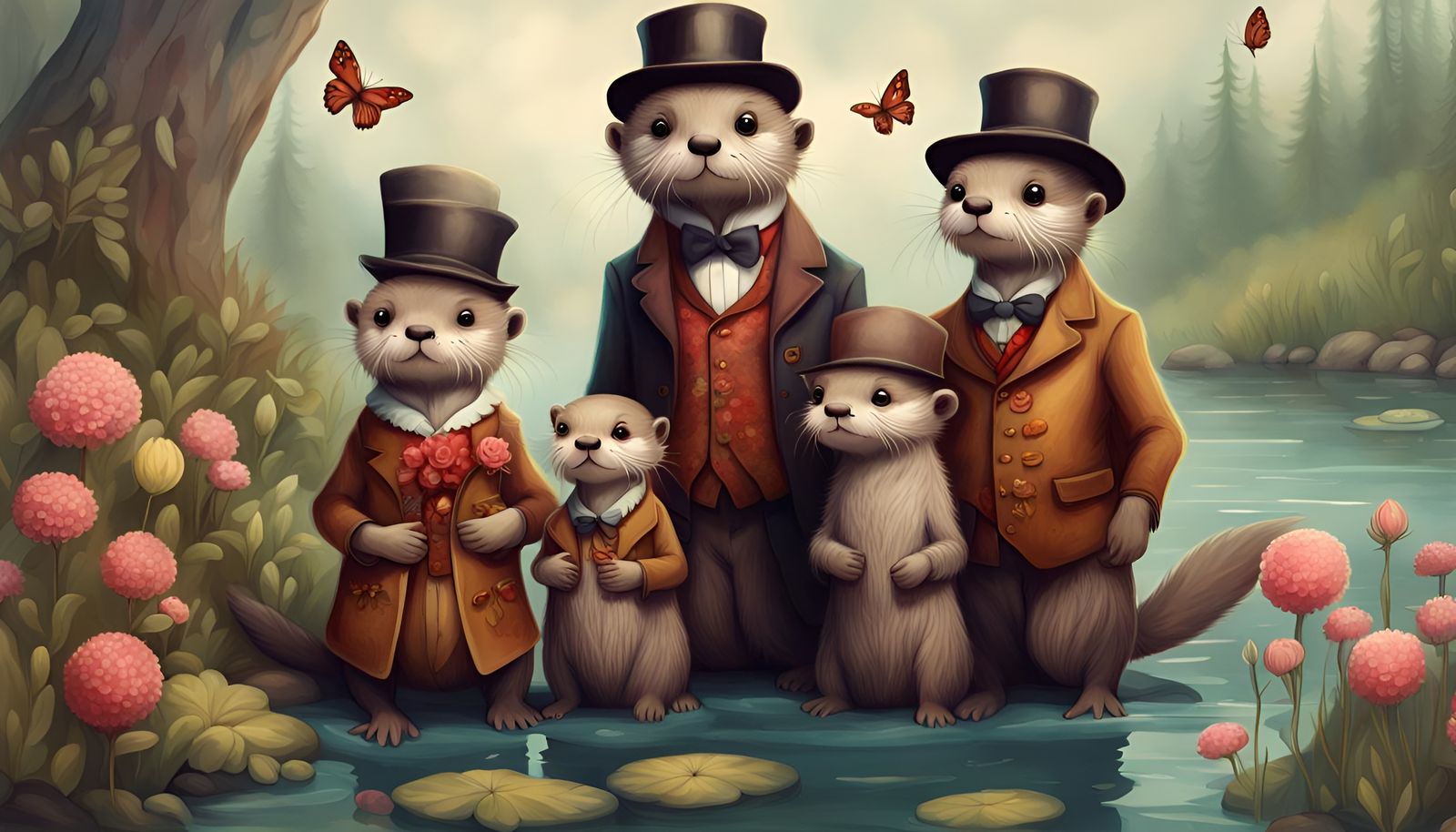 Adorable Otter Family Portrait in Pop Surrealist Style