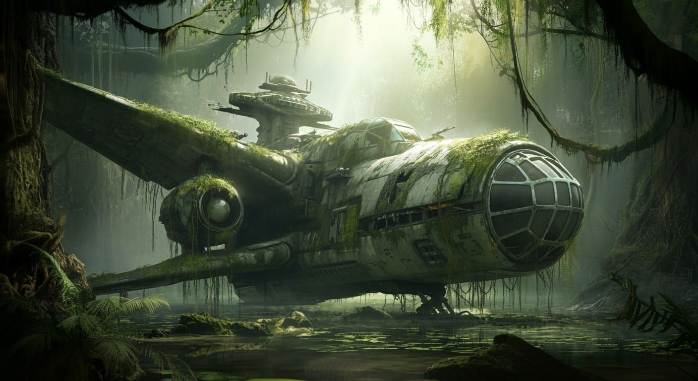 Overgrown Spaceship in Jungle Swamp