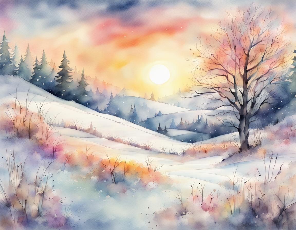 Watercolor Sunrise Over Snowy Meadow in Pastel Colors