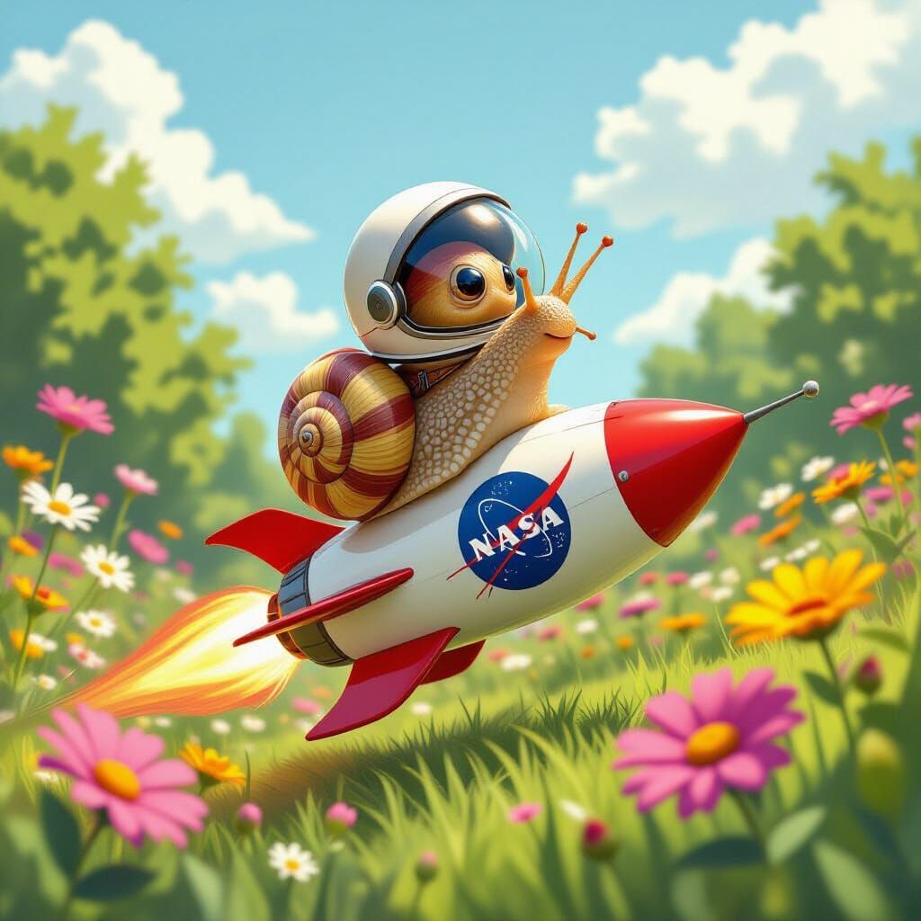 Snail Astronaut Soaring Through Garden Dreamscape