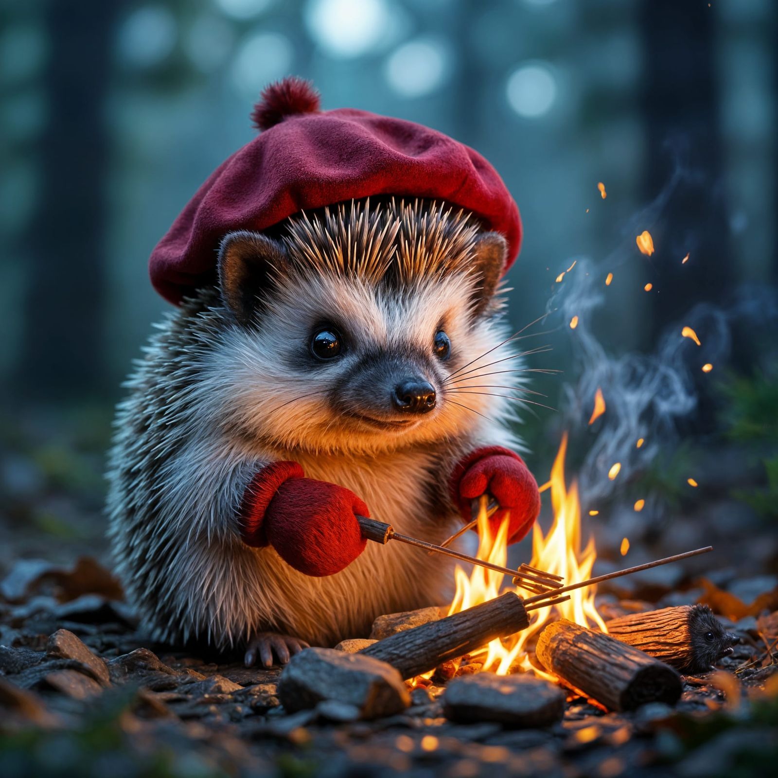 Photorealistic Hedgehog Roasting Shashlik by Campfire