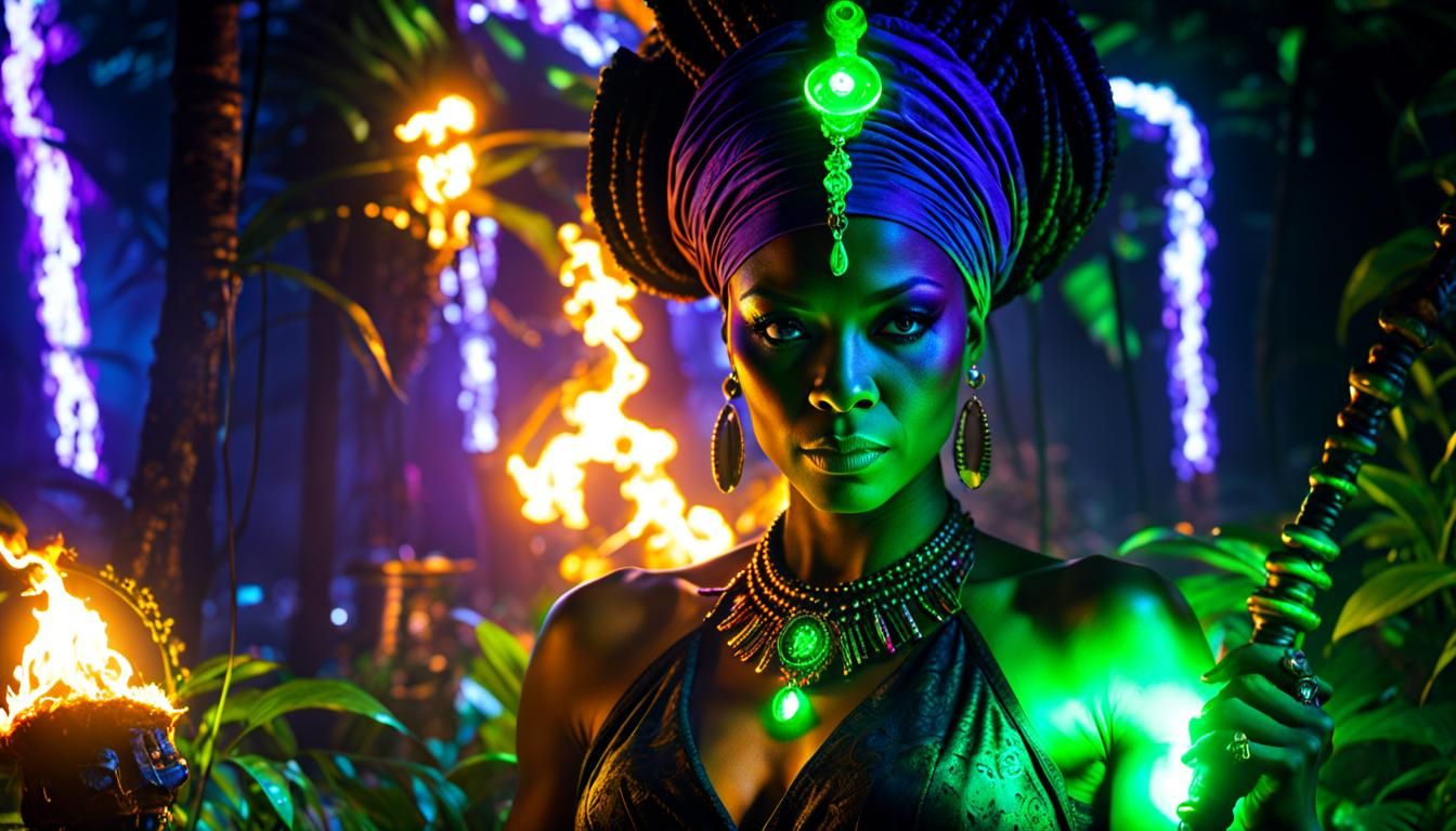 Neon Voodoo Queen in Dark Jungle, Nuclearpunk Style