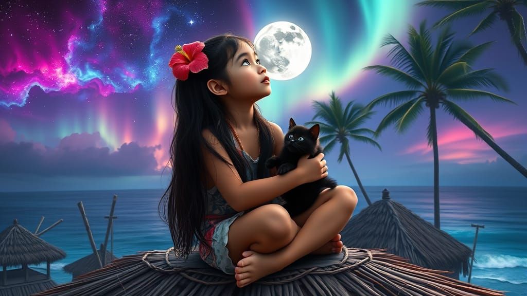 Serene Pacific Island Girl Lost in Celestial Wonder