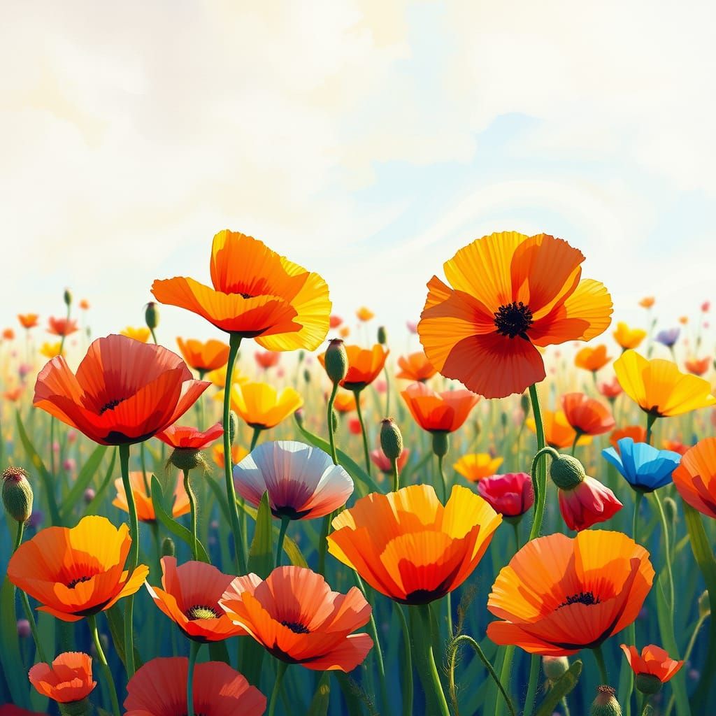 Vibrant Poppies Dance in a Whimsical Monet-Inspired Landscap...