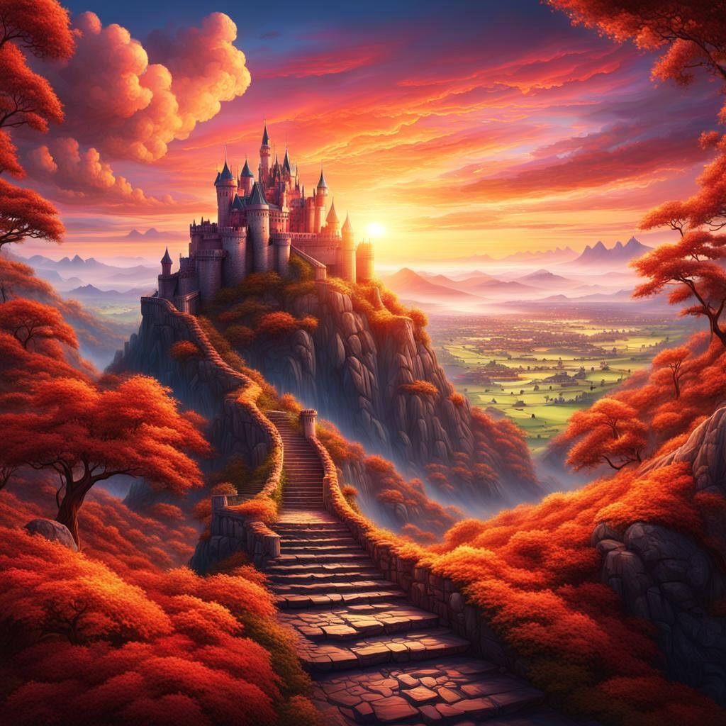 Sky Castle with Vibrant Steps: Digital Matte Painting