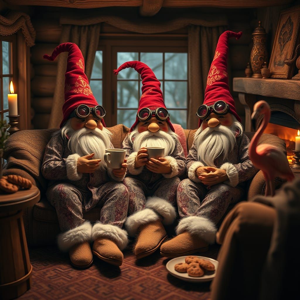 Gnomes in Cozy Cabin, Surrealist Style