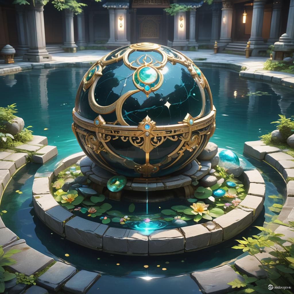 Gleaming Gem-Encrusted Orb in Ancient Temple