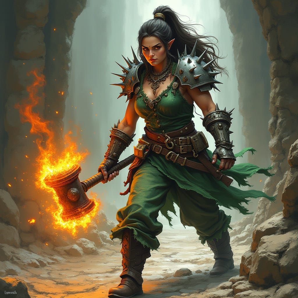Half-Orc Gladiator with Fire Hammer, in Fantasy Art Style