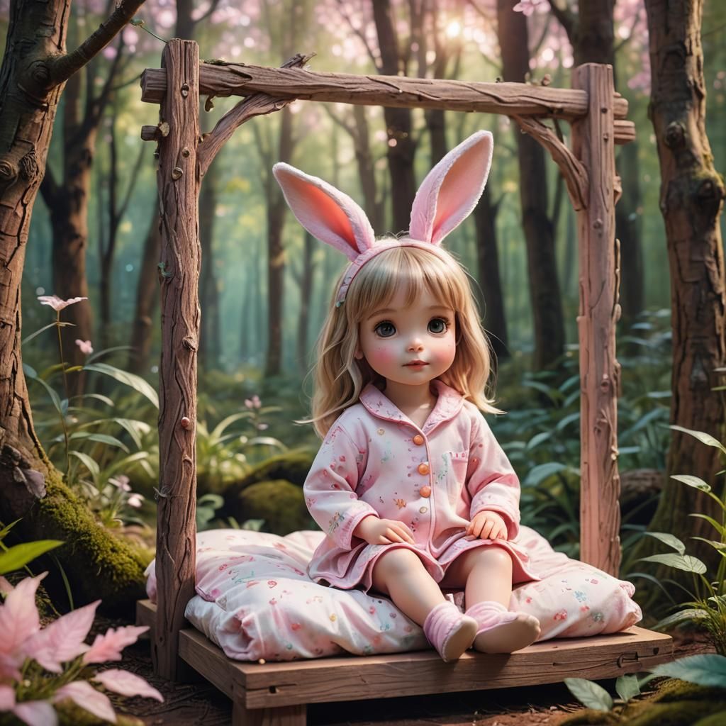 Bunny Girl in Pink Pajamas in Dreamy Forest