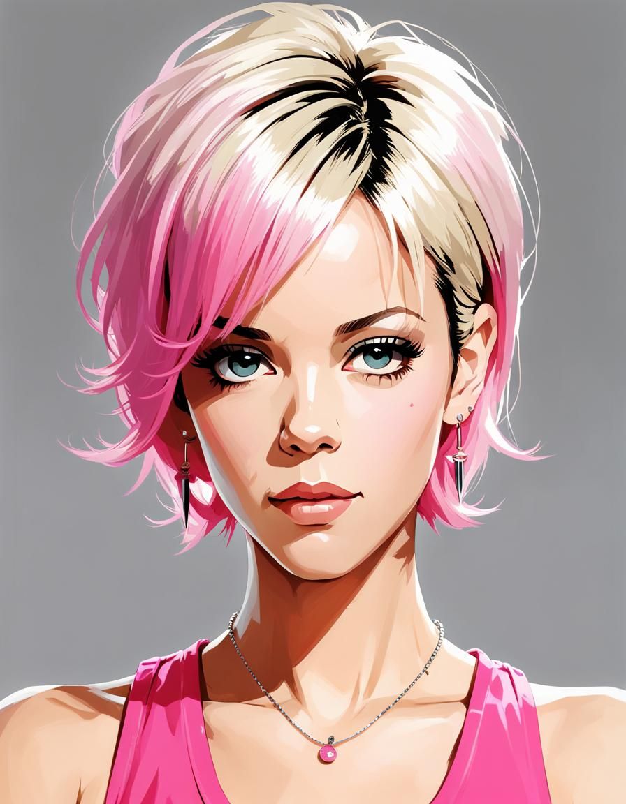 Pink Tank Top Anime Mugshot in Studio Ghibli Style