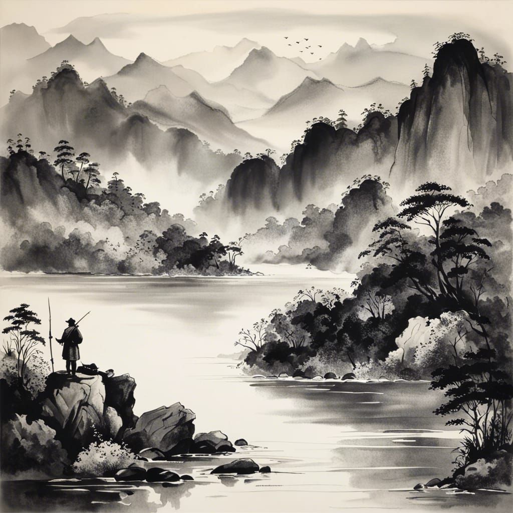Peaceful Mountains: Ink Drawing of Fisherman at Sunset