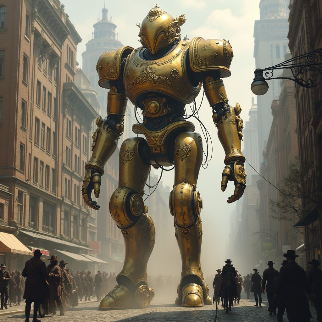 Steampunk Automaton in Victorian City, Art Nouveau Style