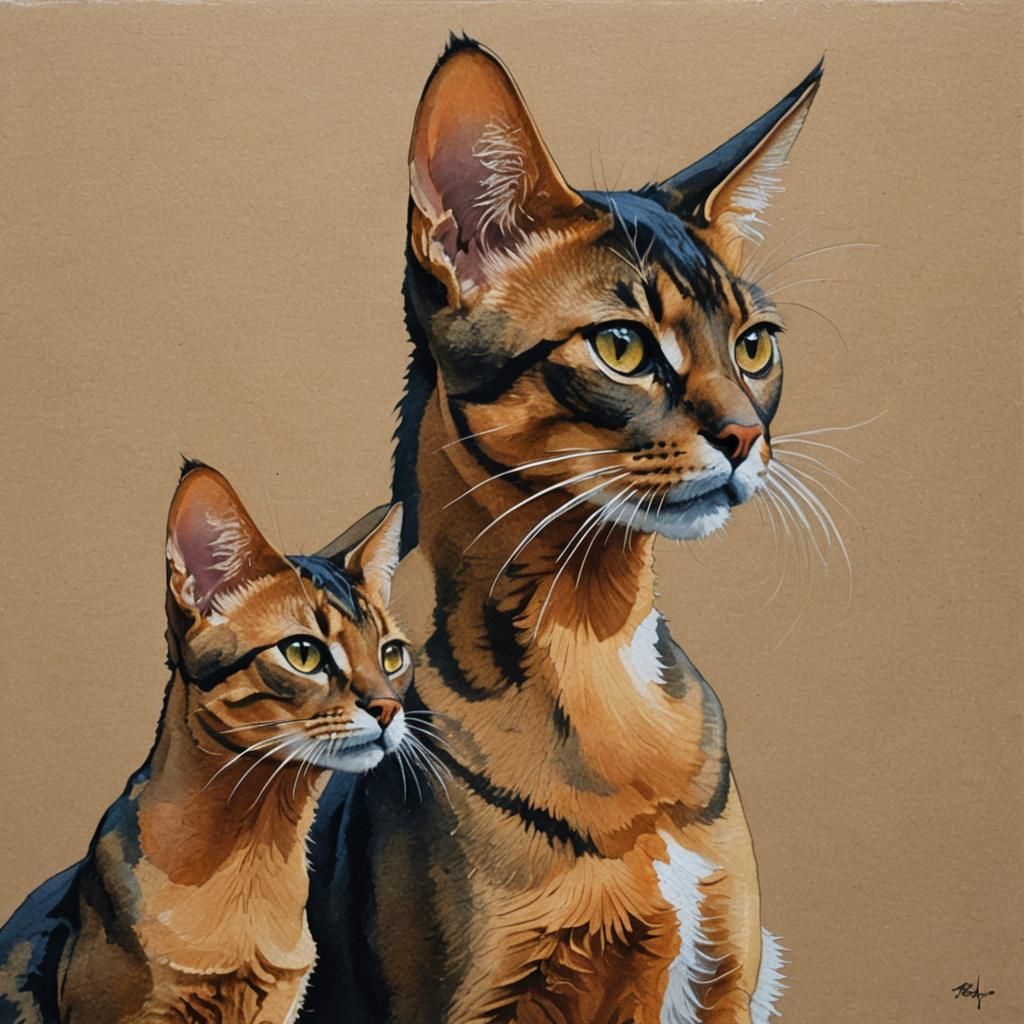 Abyssinian Cat and Girl: Detailed Gouache Painting