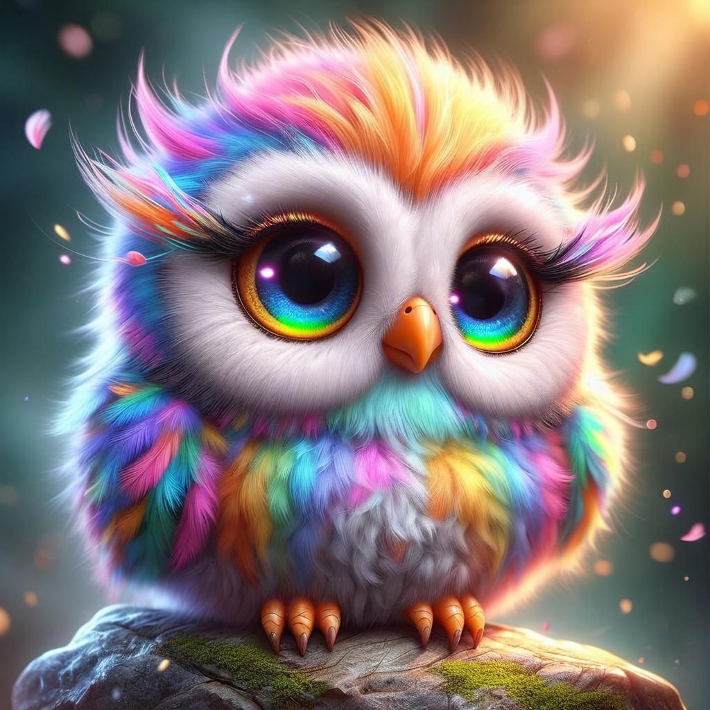 Rainbow Punk Baby Owl Portrait in Digital Art Style