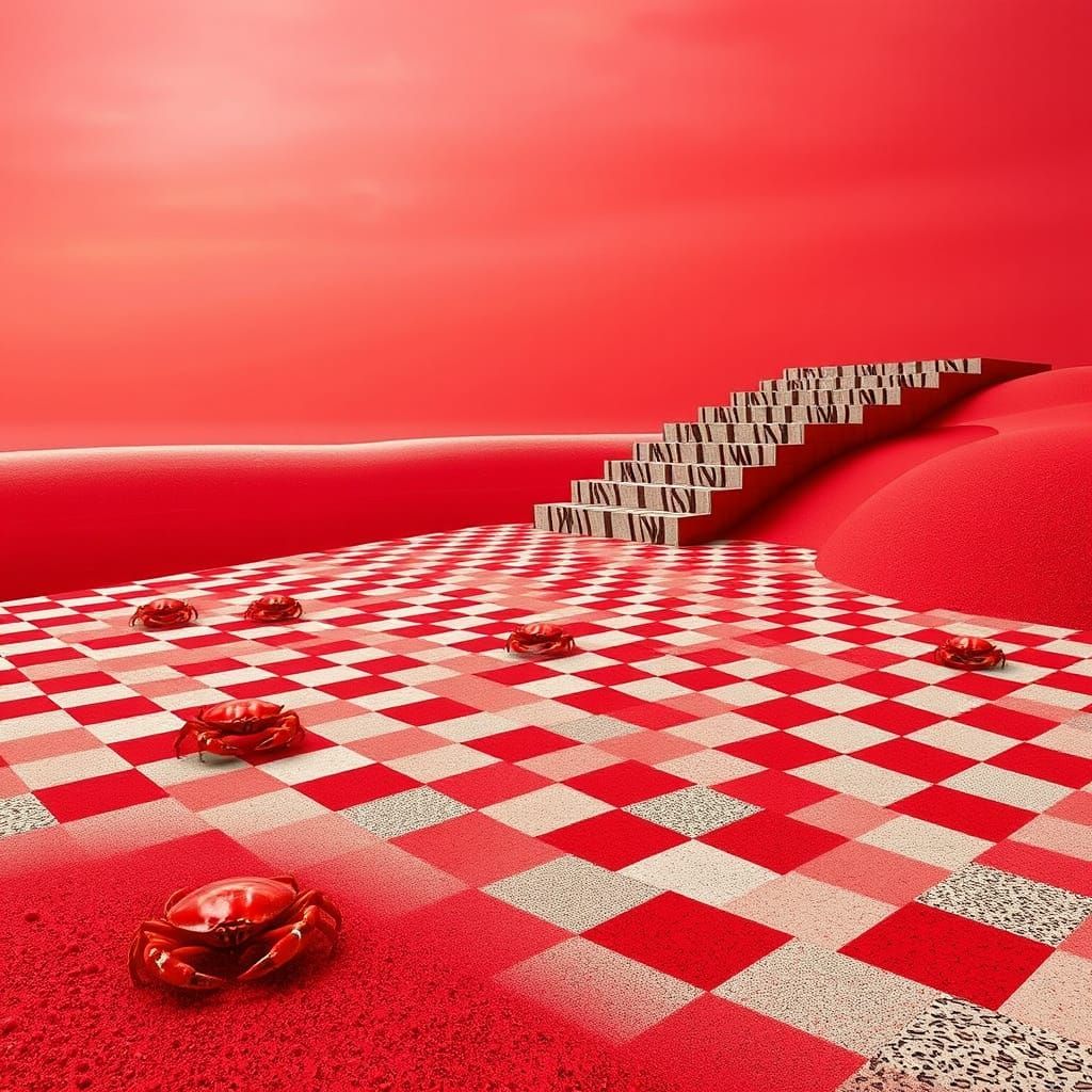 Surreal Red Beach with Crabs and Tessellations