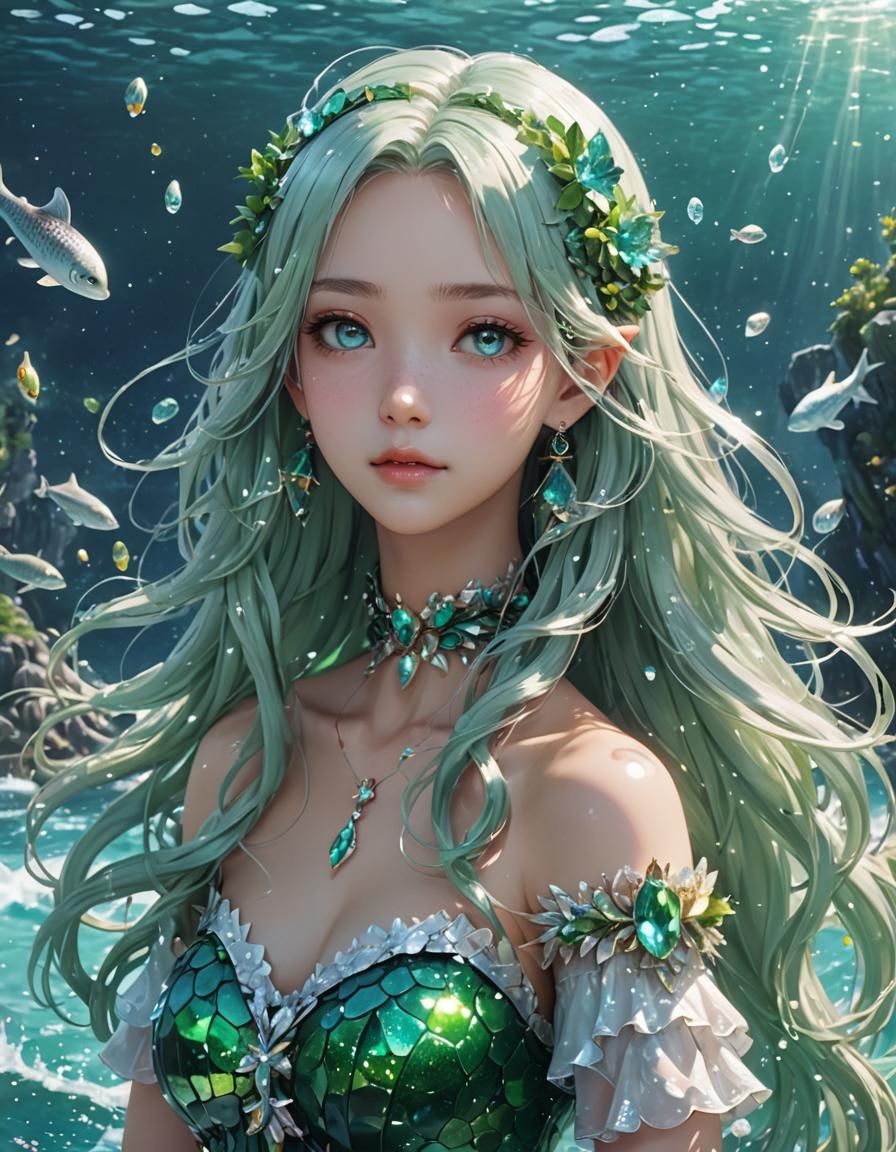 Enchanting Mermaid in a Glittering Sea: Anime Art