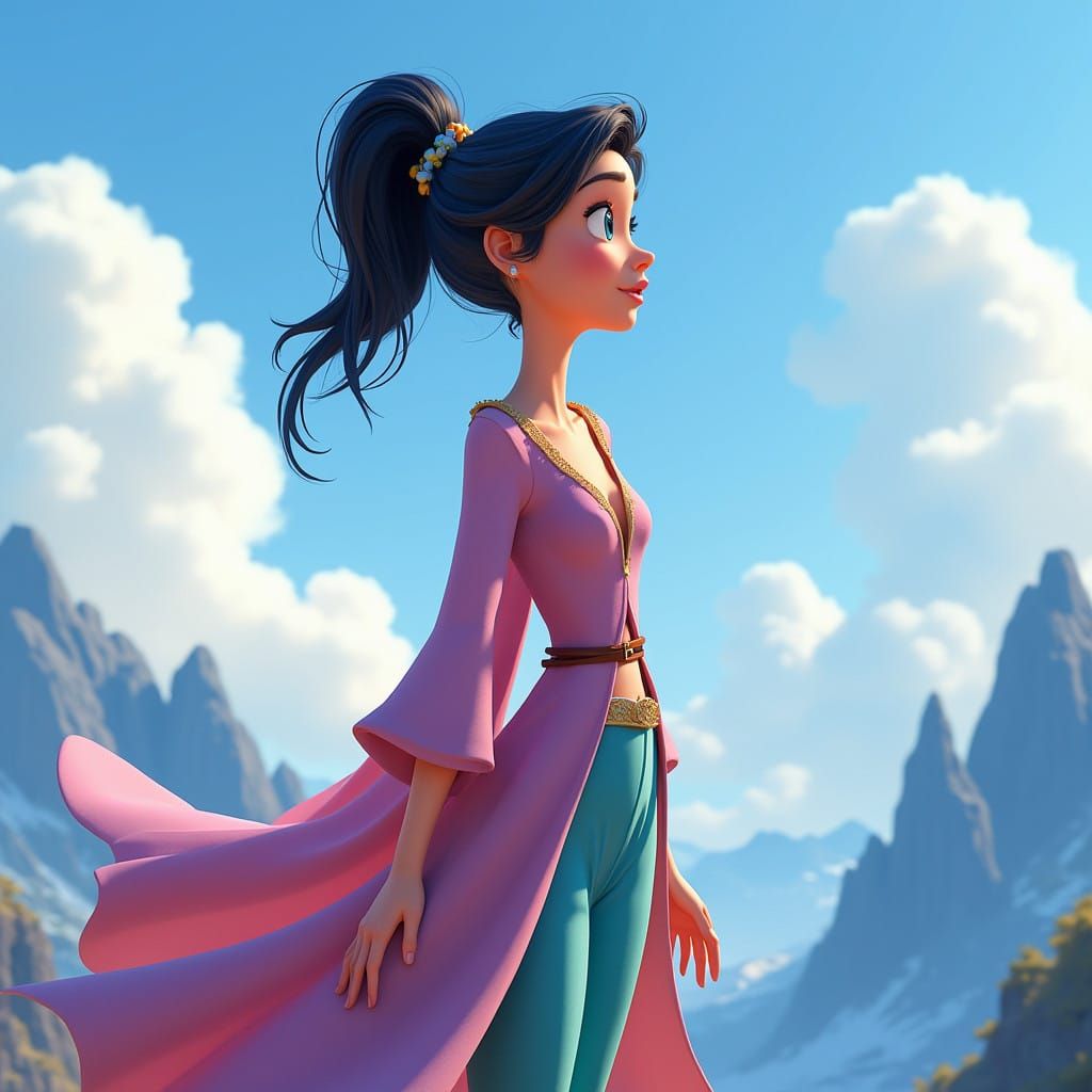 Disney-Inspired Cartoon Princess in Whimsical Fantasy Landsc...