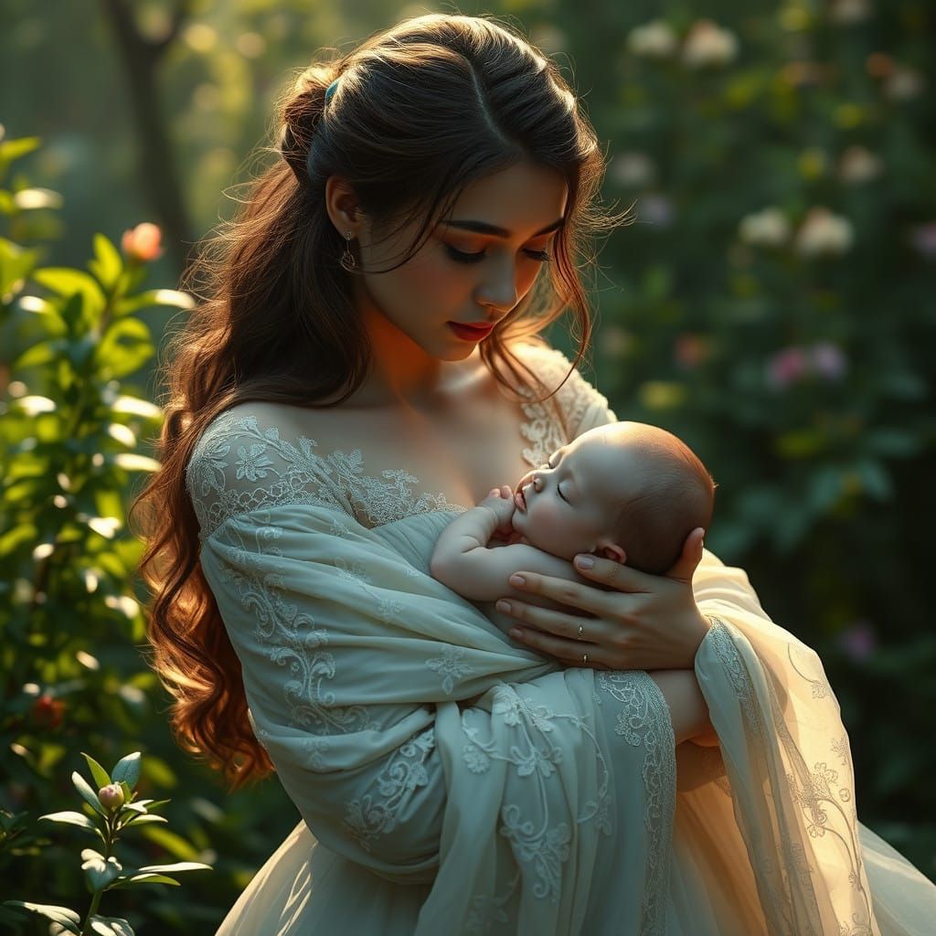Serene Mother and Child in Whimsical Landscape