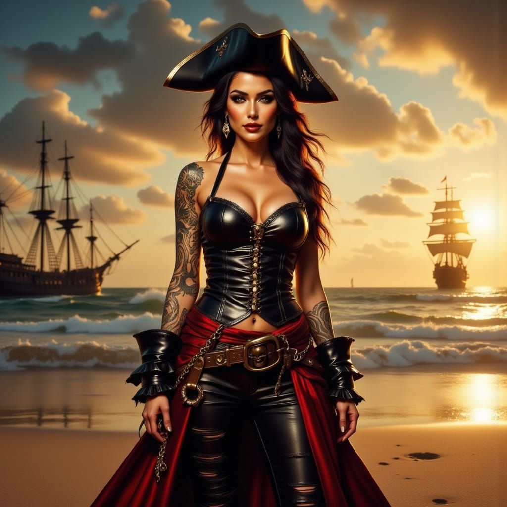 Pirate Woman in Leather with Kraken Tattoos