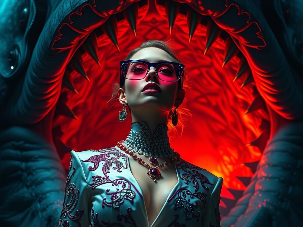 Luxury Fashion Dystopia: Opulent Woman Swallowed by Colossal...