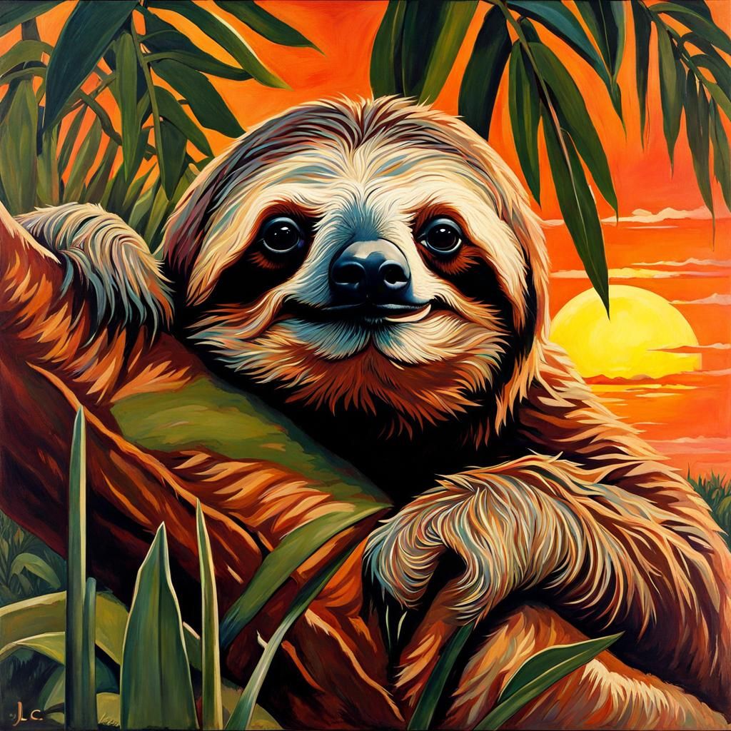 Sloth at Sunset in Realistic Oil Painting Style