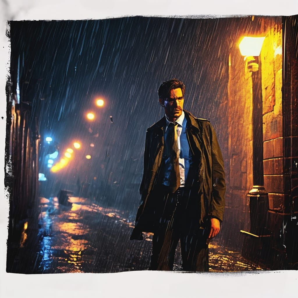 Detective in Noir City Street: Cinematic Still