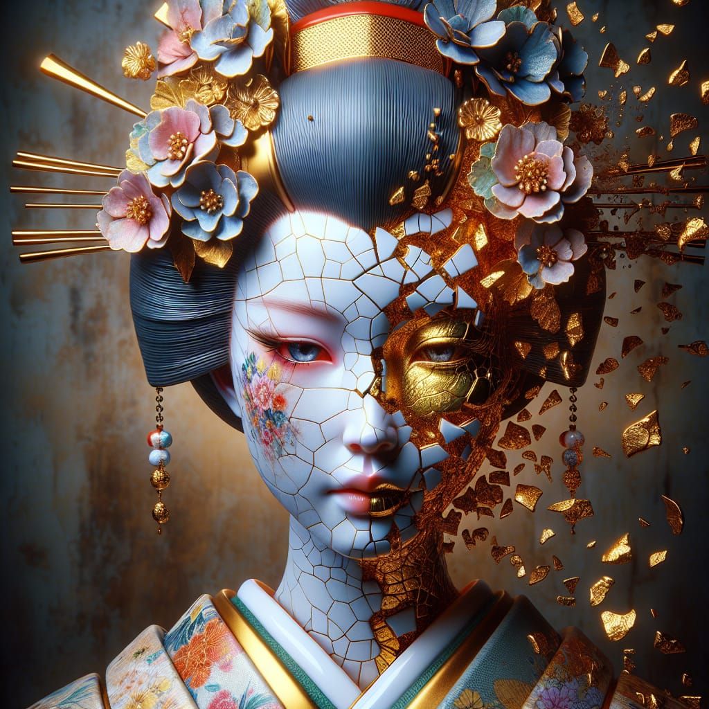 Kintsugi Geisha Doll Portrait in Mixed Media Style