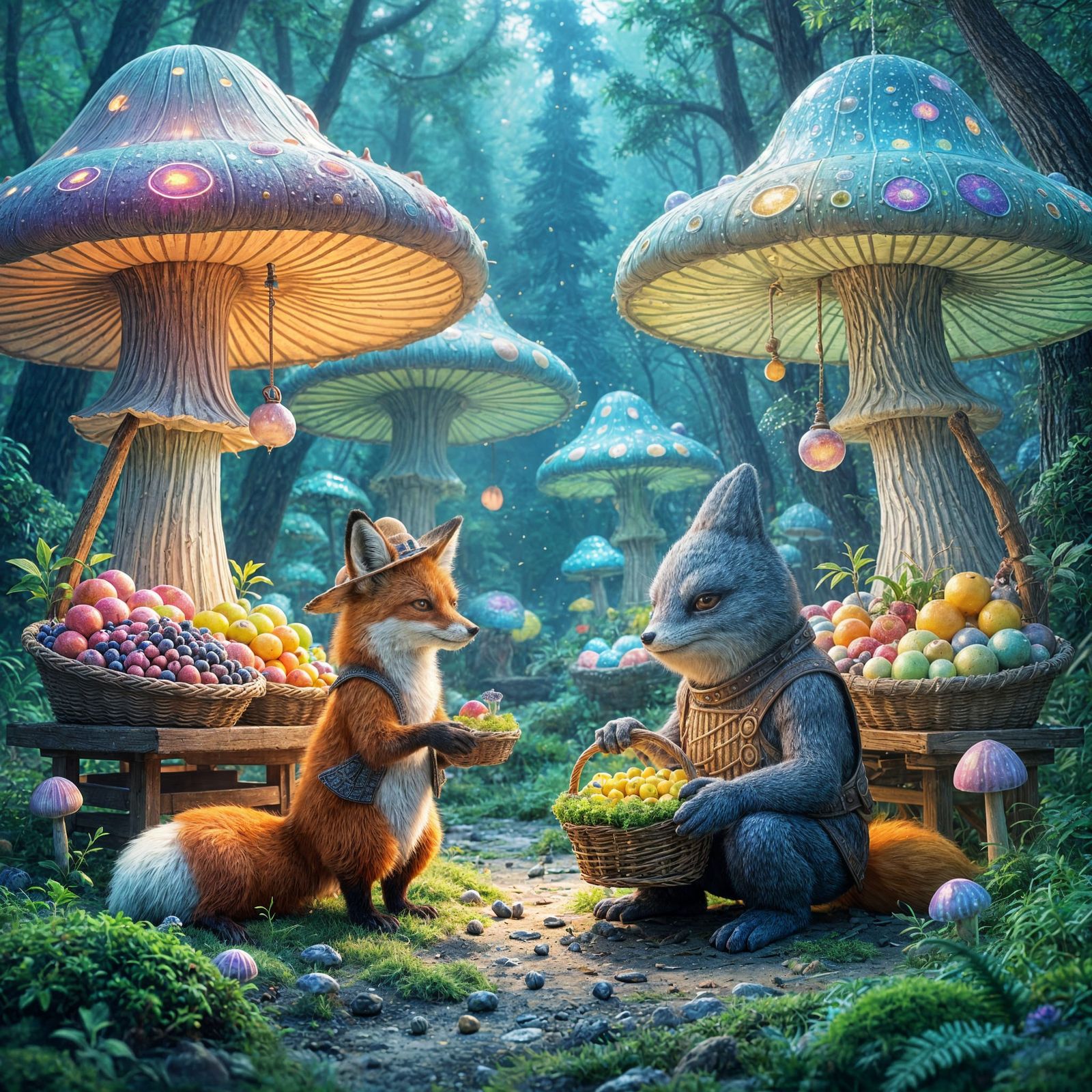 Surreal Mushroom Market with Fox Farmer