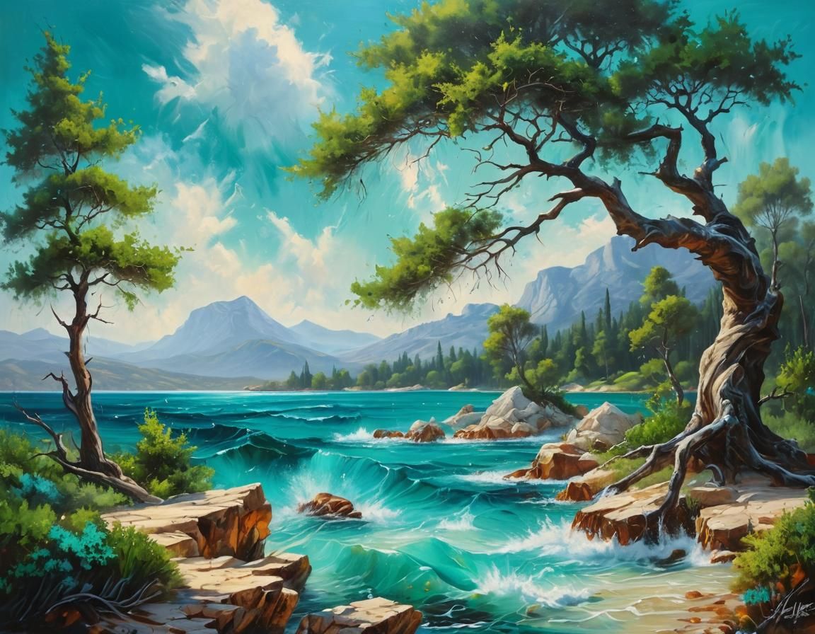 Mediterranean Storm Tides in Emerald Forest: Oil Painting