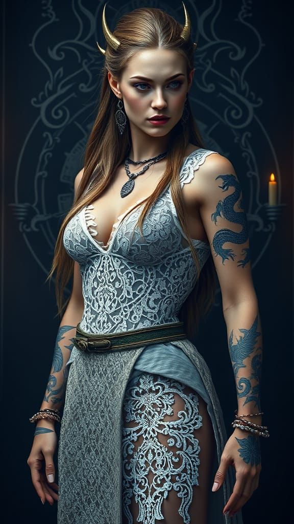 Viking Woman with Dragon Tattoo in Fantasy Art Style