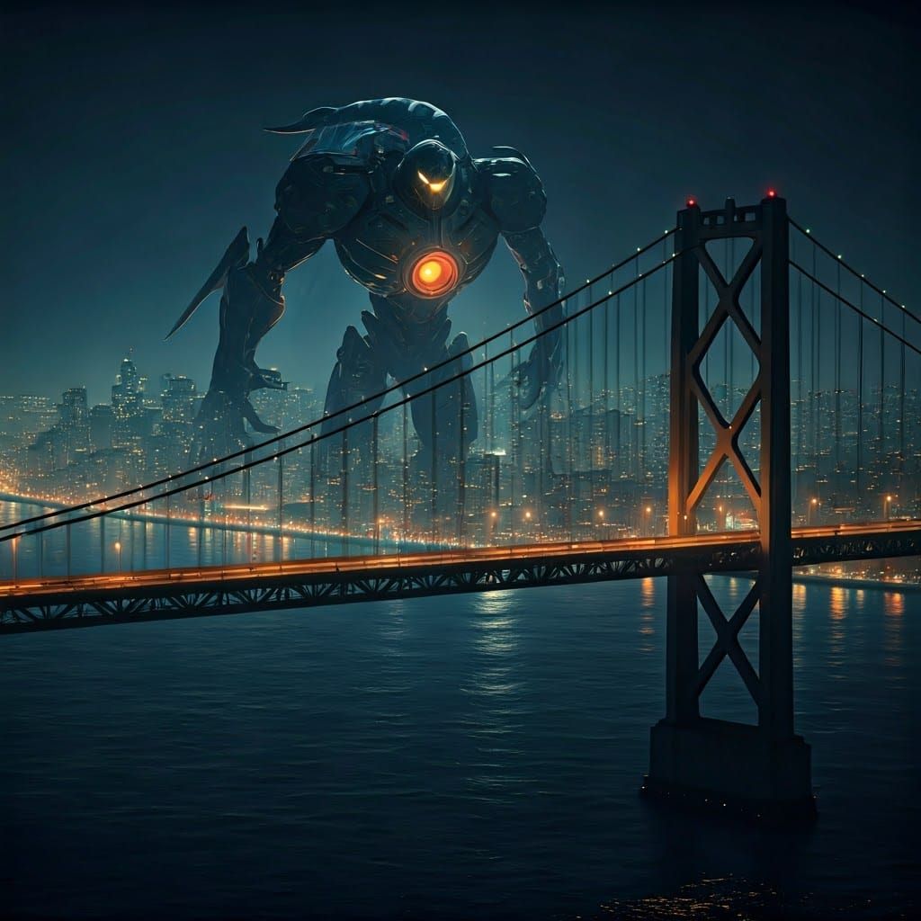 Giant Xenomorph vs Robot at San Francisco Bridge