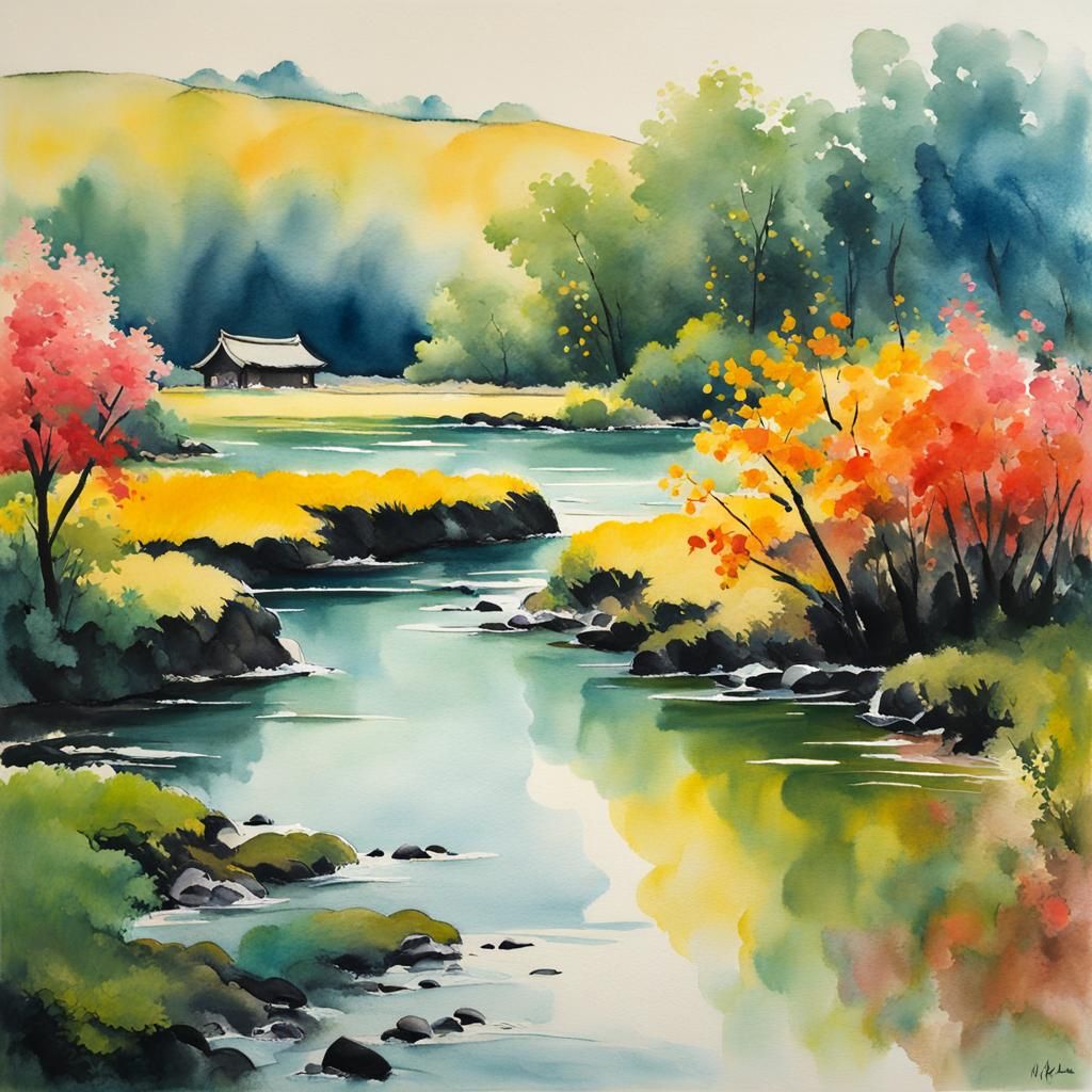 Peaceful Landscape in Gouache Style Watercolor
