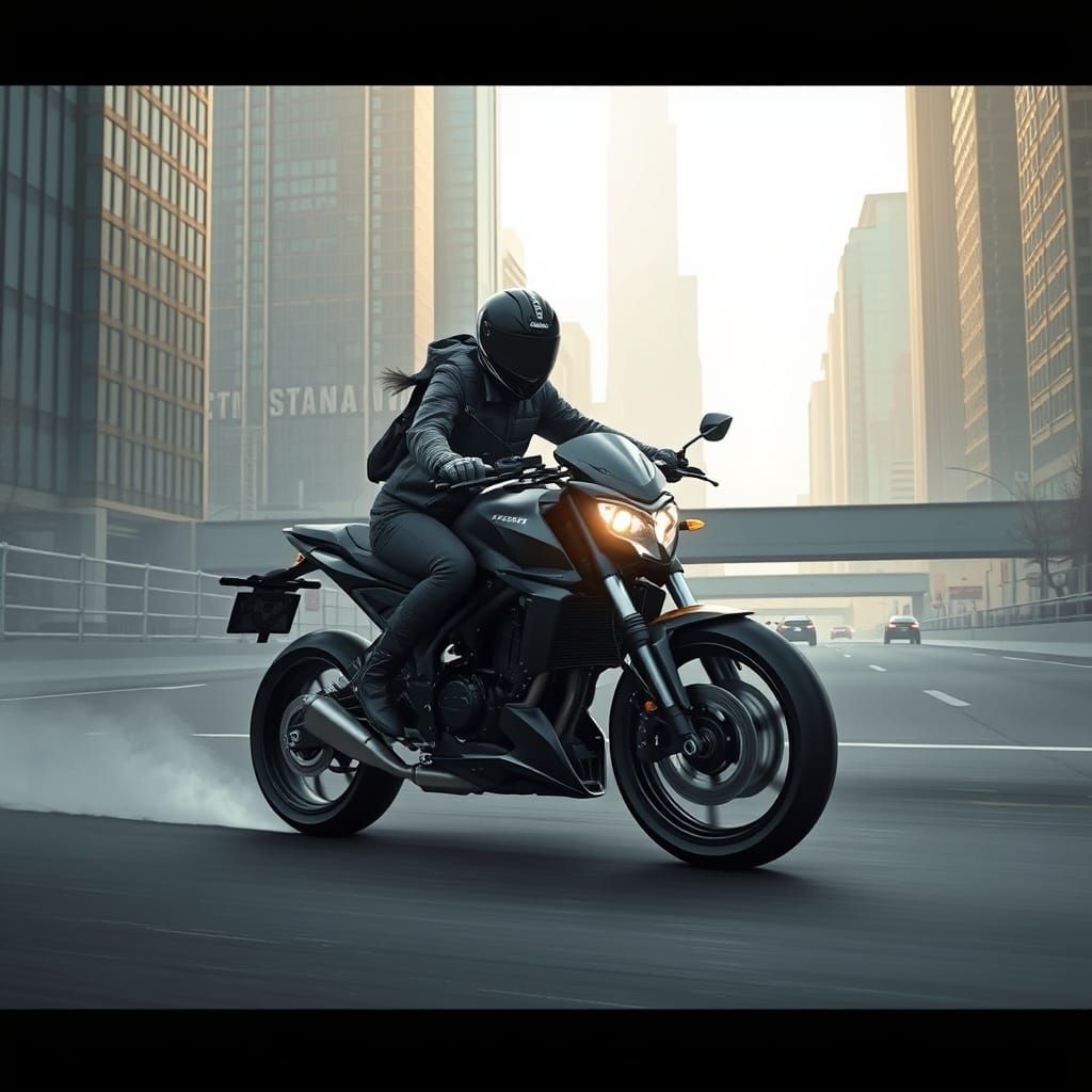 Cyberpunk Cityscape: Teenage Rider in Misty Light