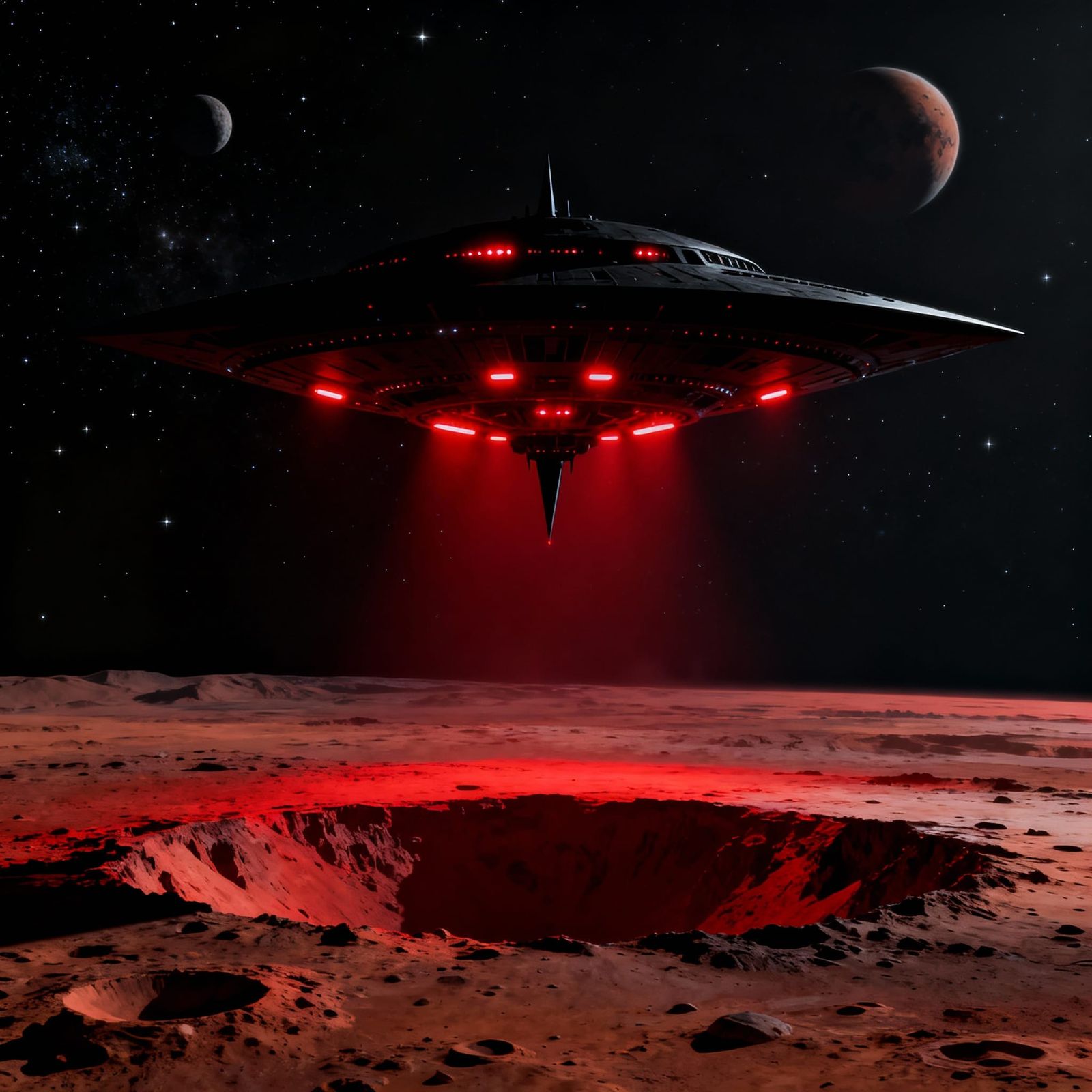 Black UFO with Red Lights Over Mars at Night